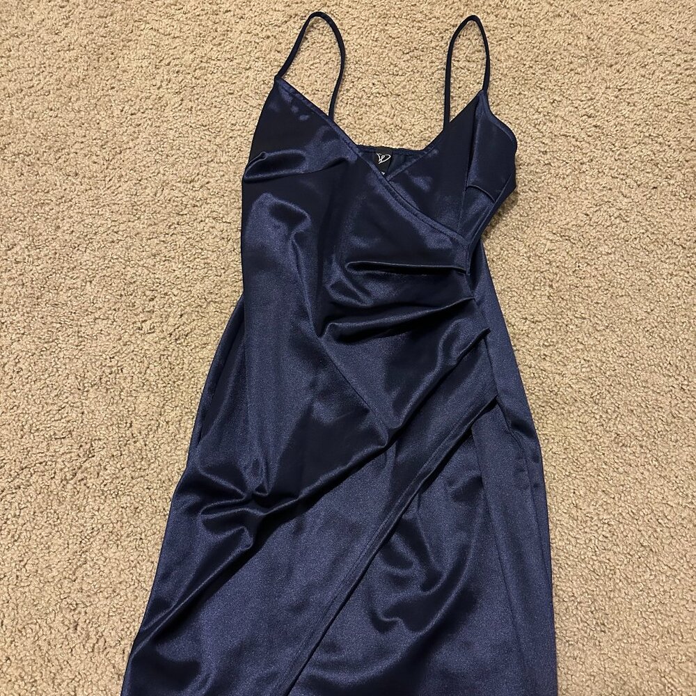 Windsor S Navy Blue Wrapped Up Satin Mini Dress